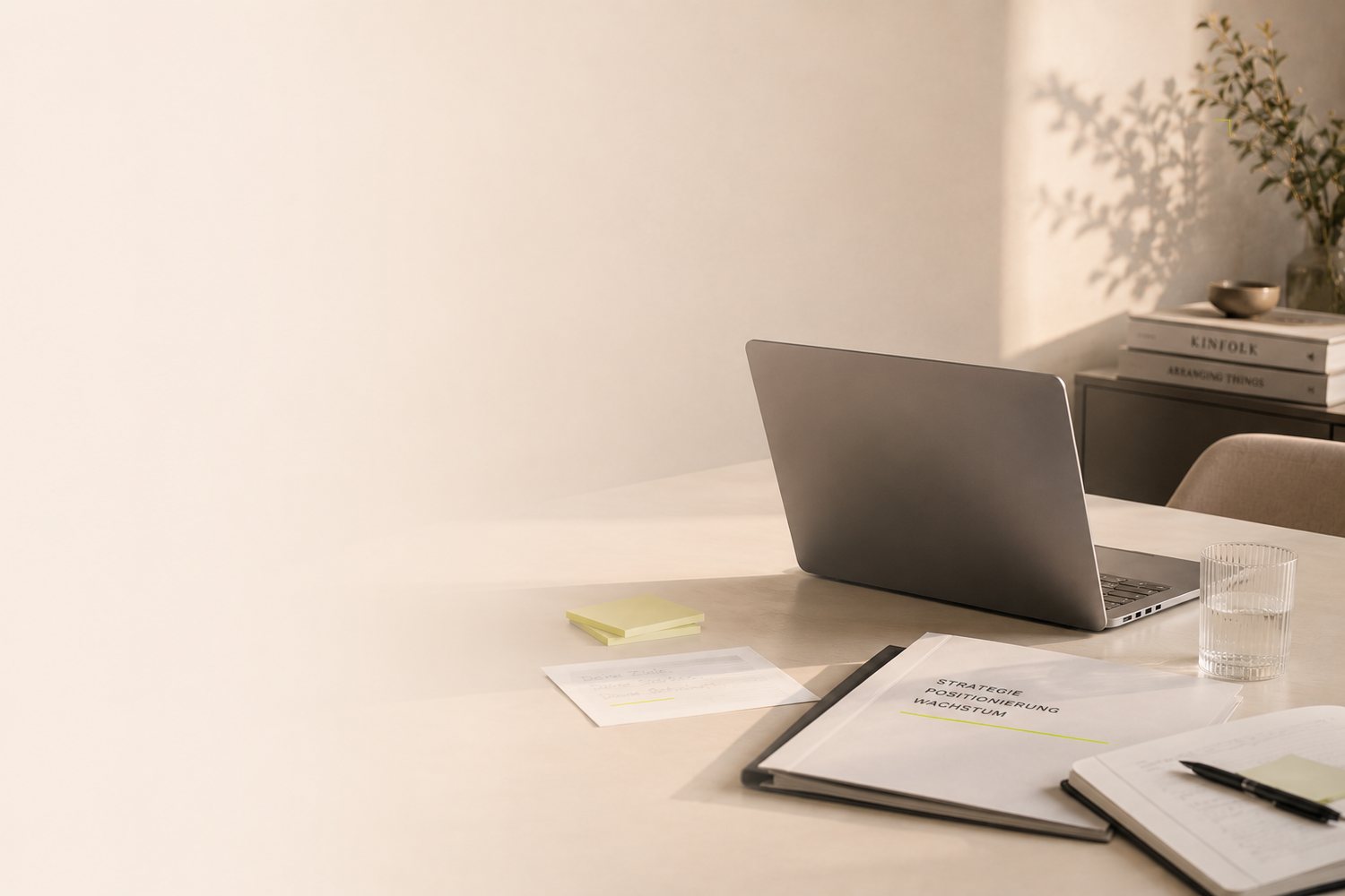 Heller Arbeitsplatz mit Laptop, Dokumenten und Notizen